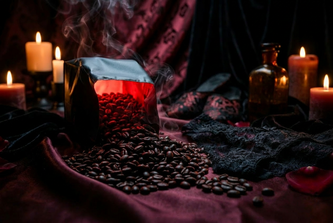 Dark roasted coffee beans spilling from black bag with red glow
